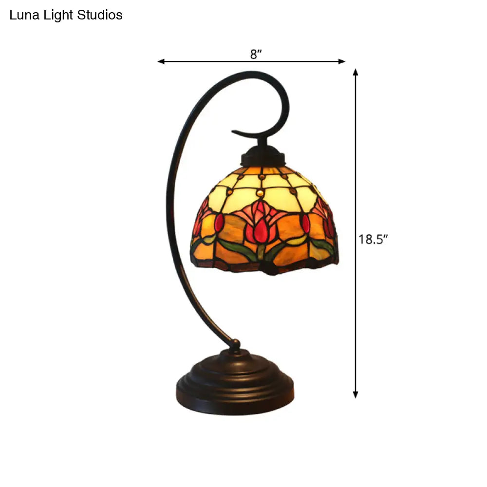 Baroque Red/Pink/Brown Cut Glass Domed Table Lamp With Curvy Arm