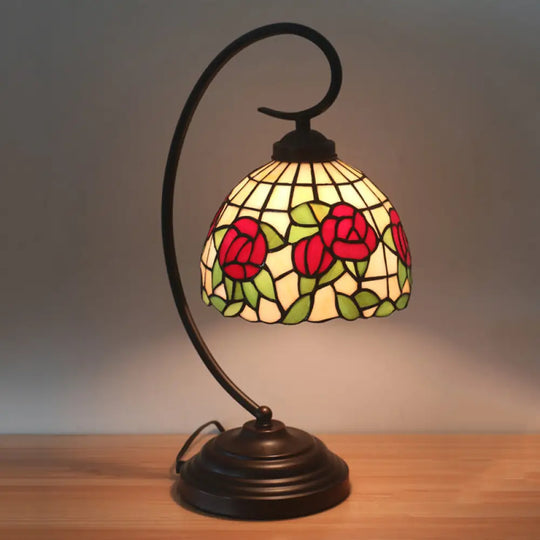 Baroque Red/Pink/Brown Cut Glass Domed Table Lamp With Curvy Arm Red