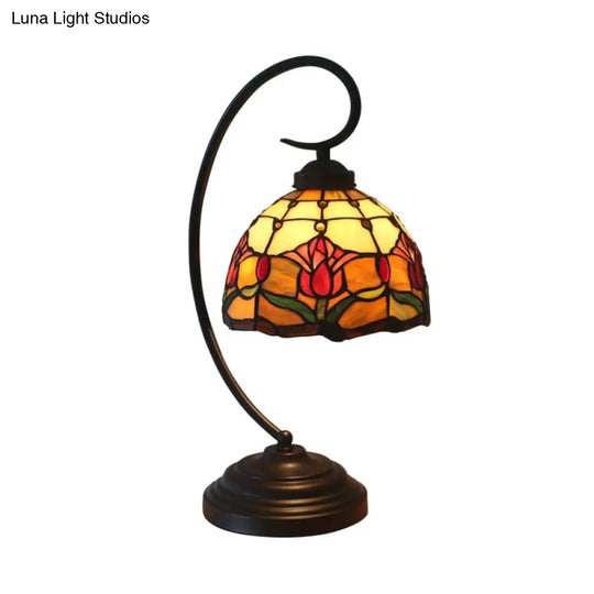 Baroque Red/Pink/Brown Cut Glass Domed Table Lamp With Curvy Arm