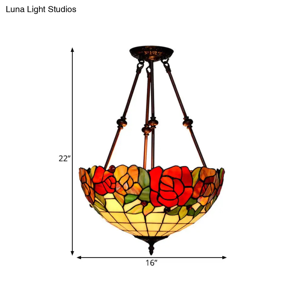 Baroque Red/Yellow/Blue Cut Glass Petal Semi Flush Mount Light: 2-Light Bronze Ceiling Fixture For