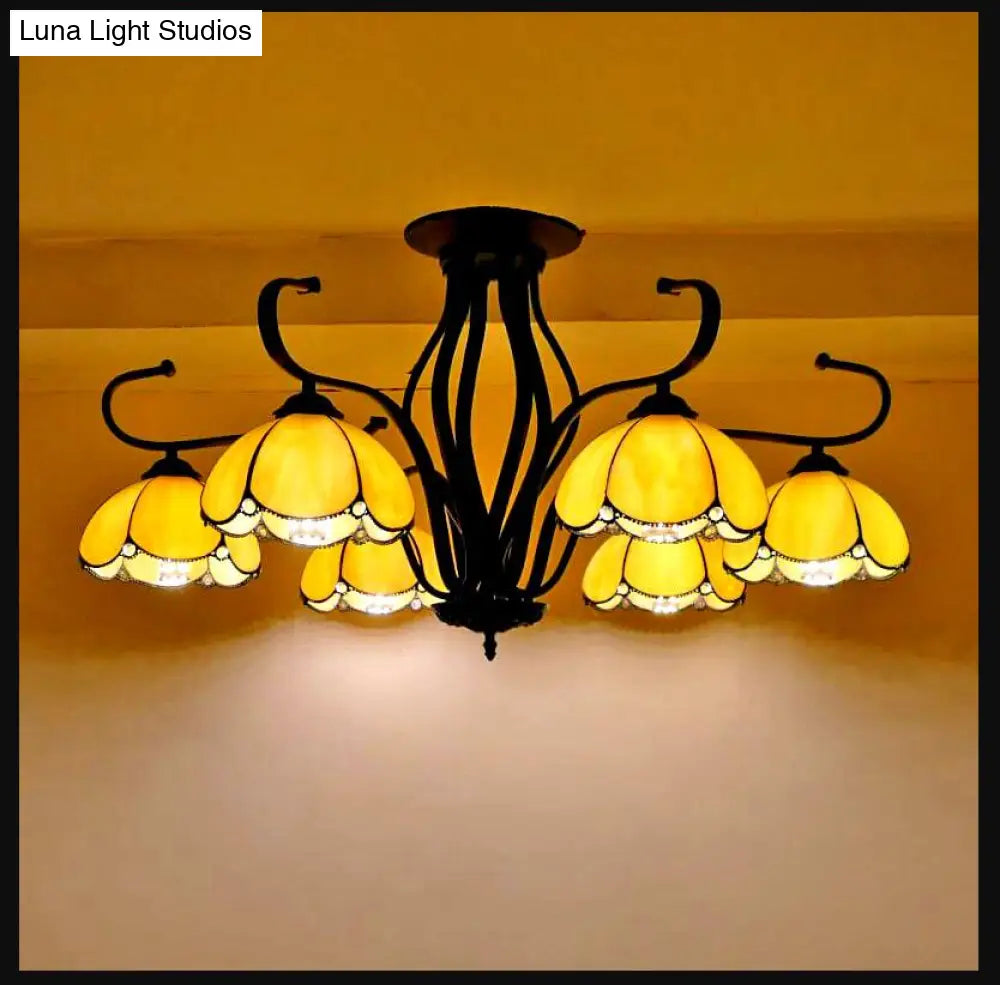 Baroque Black Scalloped Chandelier - 6/8 Lights White/Yellow/Blue Glass Pendants Ideal For Living