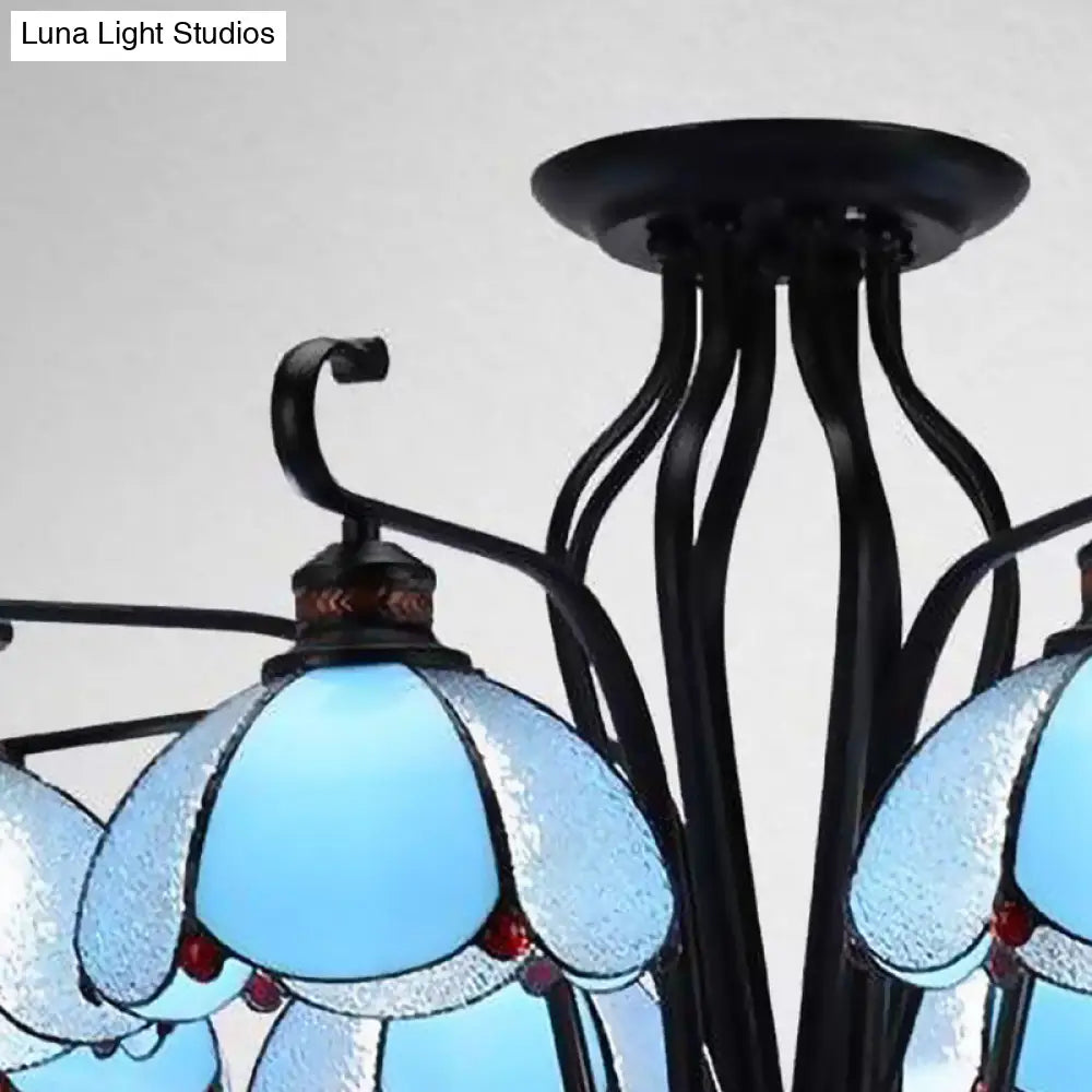 Baroque Black Scalloped Chandelier - 6/8 Lights White/Yellow/Blue Glass Pendants Ideal For Living