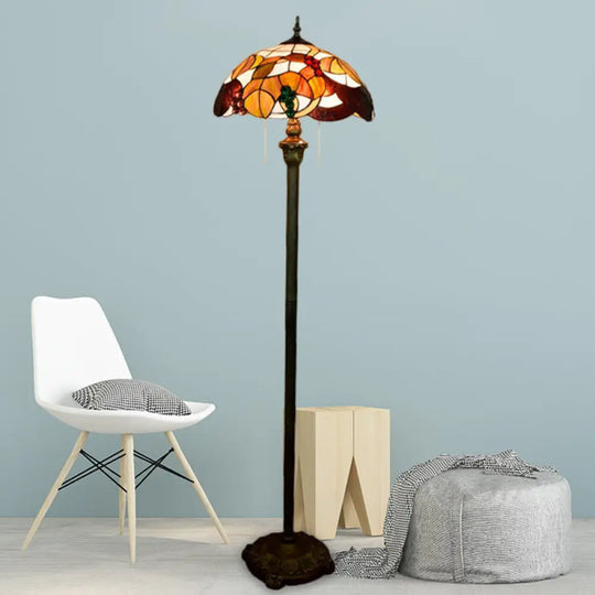 Baroque Scalloped Floor Lamp: 2-Bulb Cut Glass With Leaf And Grape Patterns Brass Finish Pull Chain