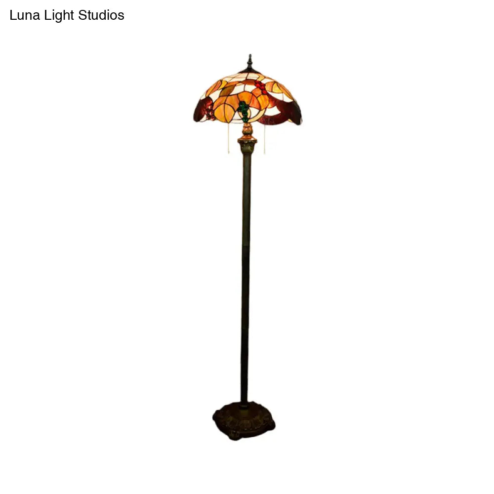 Baroque Scalloped Floor Lamp: 2-Bulb Cut Glass With Leaf And Grape Patterns Brass Finish Pull Chain