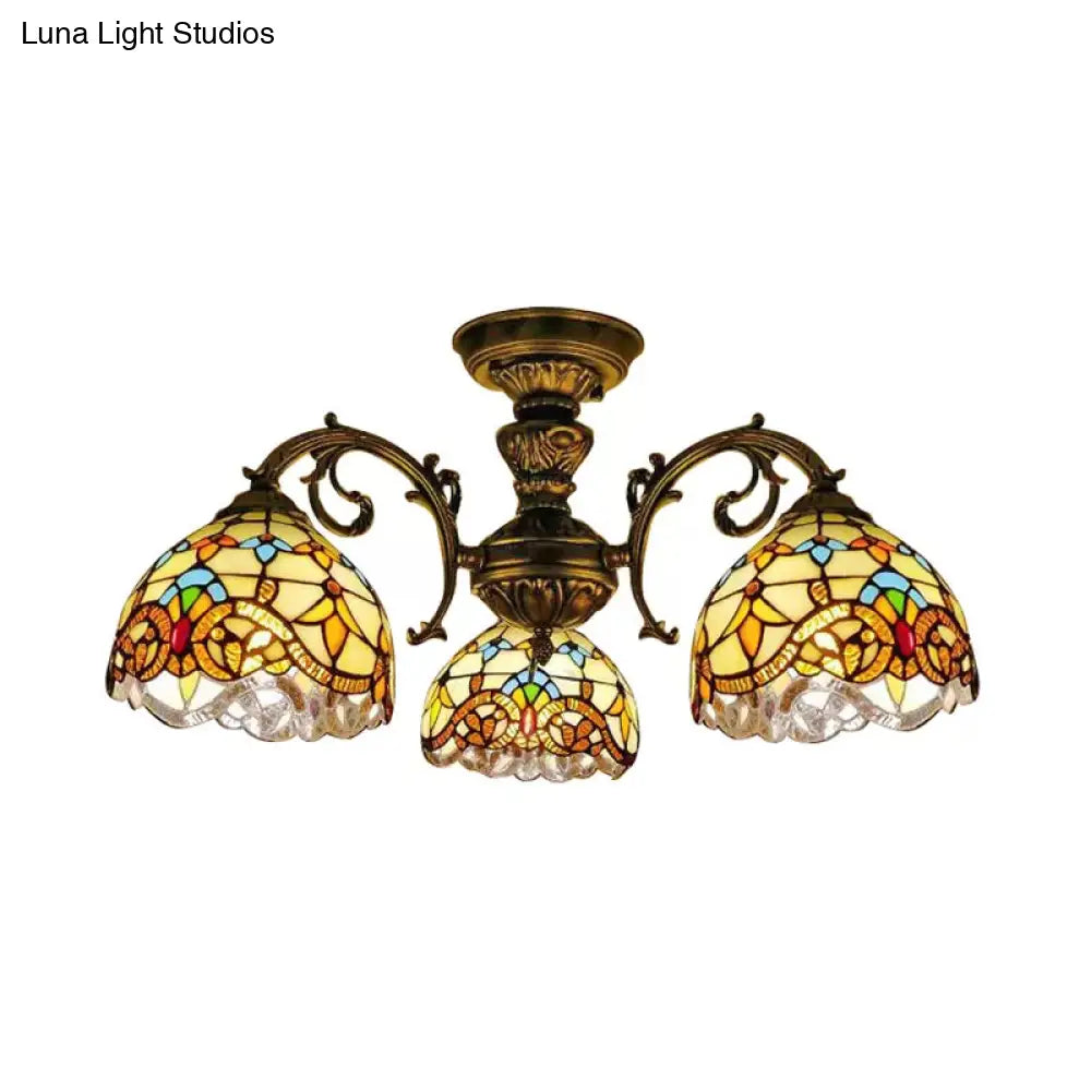 Baroque Semi Flush Ceiling Light In Aged Brass With Stained Glass Dome Shade