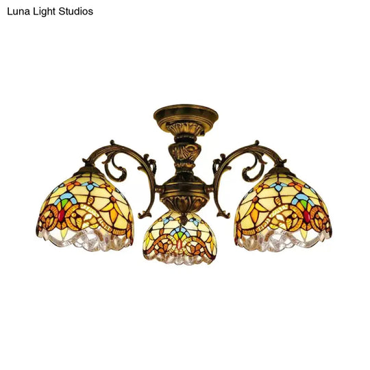 Baroque Semi Flush Ceiling Light In Aged Brass With Stained Glass Dome Shade