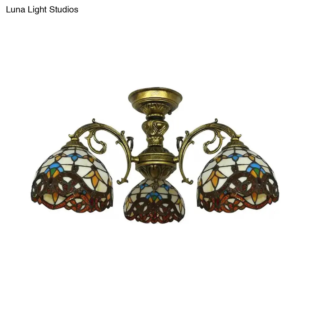 Baroque Semi Flush Ceiling Light In Aged Brass With Stained Glass Dome Shade