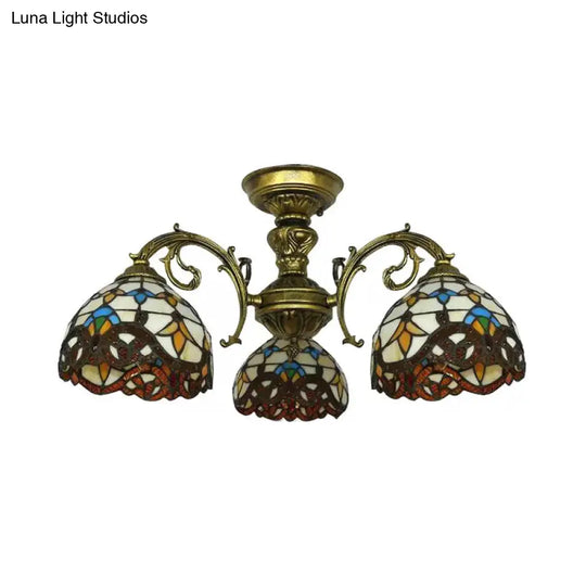 Baroque Semi Flush Ceiling Light In Aged Brass With Stained Glass Dome Shade