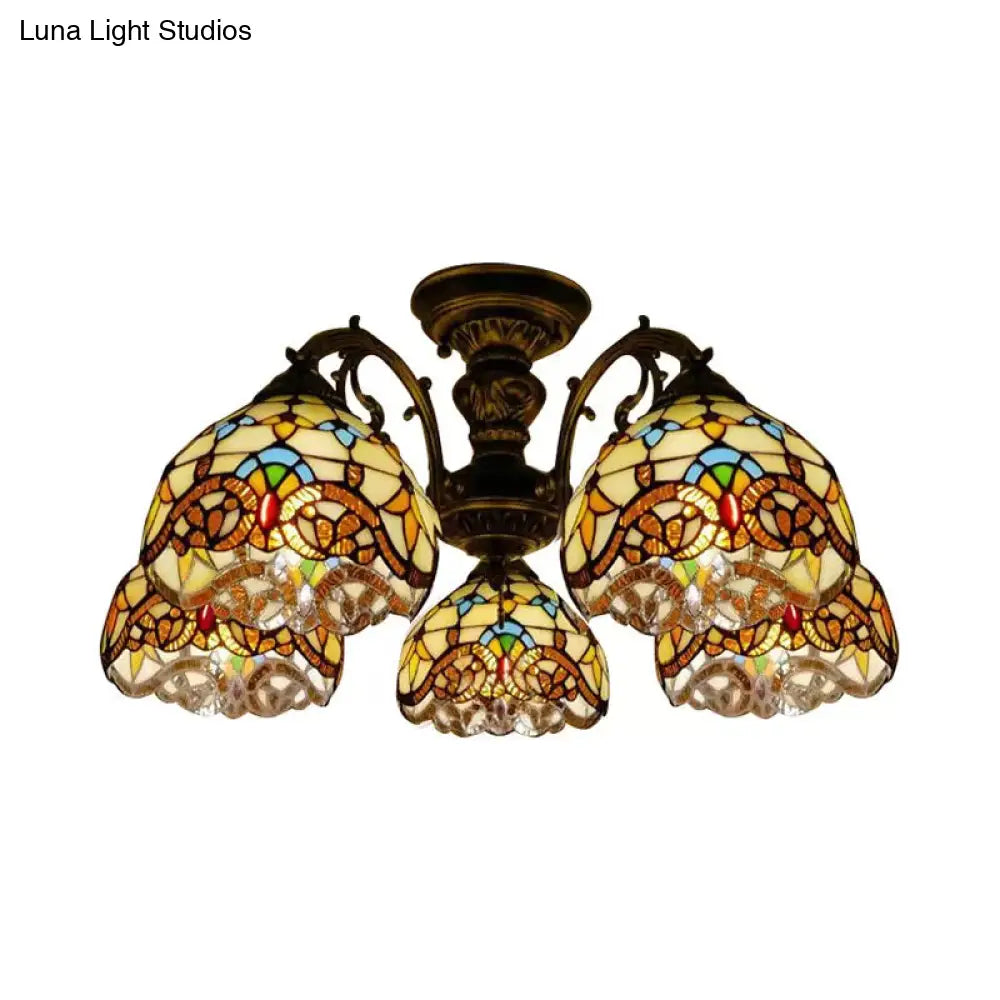 Baroque Semi Flush Ceiling Light In Aged Brass With Stained Glass Dome Shade