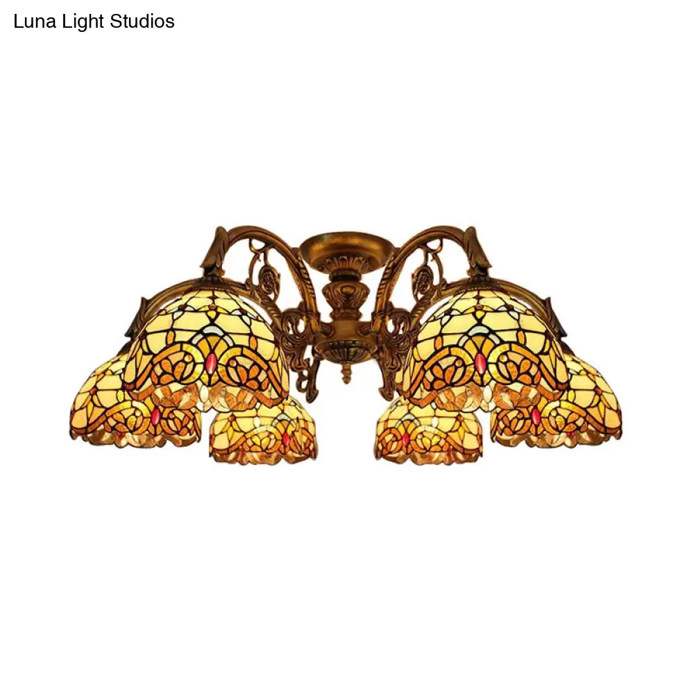 Baroque Semi Flush Ceiling Light In Aged Brass With Stained Glass Dome Shade