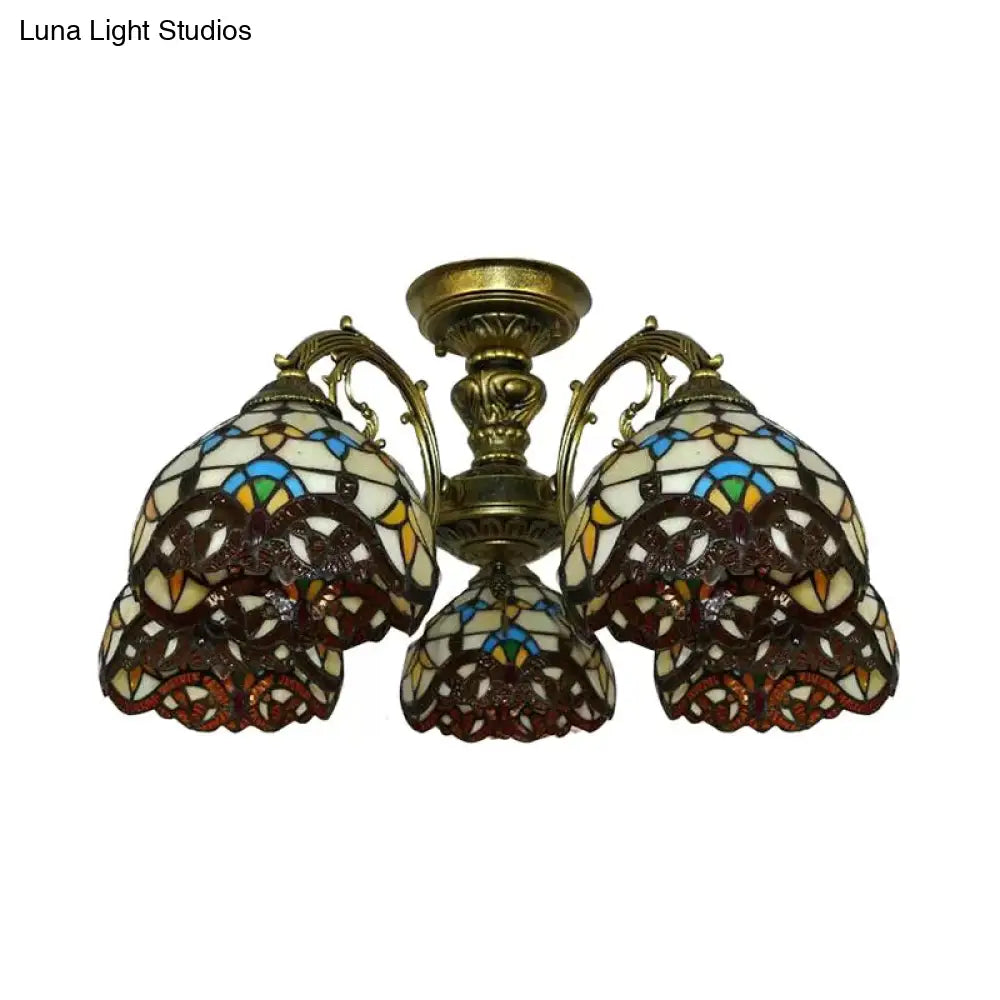 Baroque Semi Flush Ceiling Light In Aged Brass With Stained Glass Dome Shade