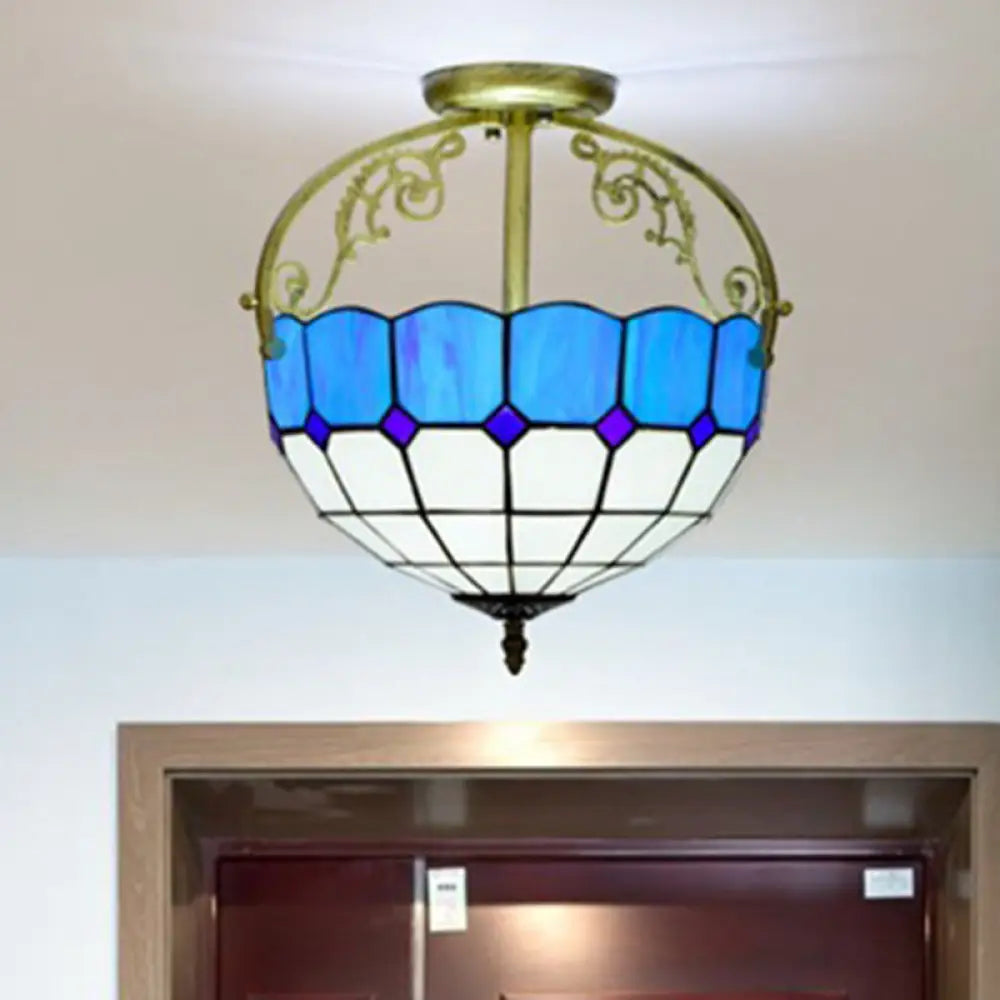 Baroque Semi Flush Mount Ceiling Light With Grid Pattern Cut Glass - 2 Lights In Yellow/Orange/Blue