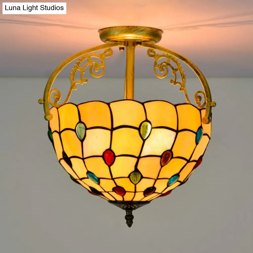 Baroque Semi Flush Mount Ceiling Light With Grid Pattern Cut Glass - 2 Lights In Yellow/Orange/Blue