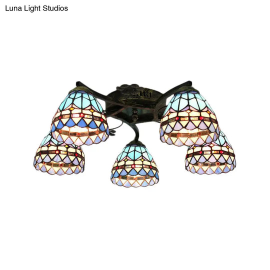 Baroque Semi Flush Stained Glass Bowl Ceiling Light - Blue | 5-Light Dining Room Lighting