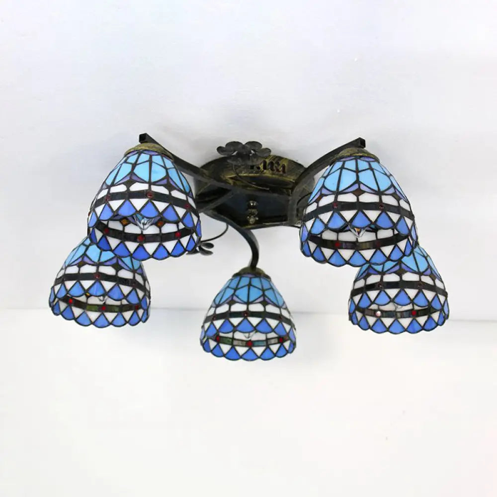 Baroque Semi Flush Stained Glass Bowl Ceiling Light - Blue | 5 - Light Dining Room Lighting