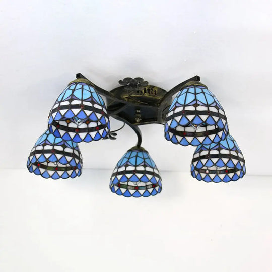 Baroque Semi Flush Stained Glass Bowl Ceiling Light - Blue | 5 - Light Dining Room Lighting