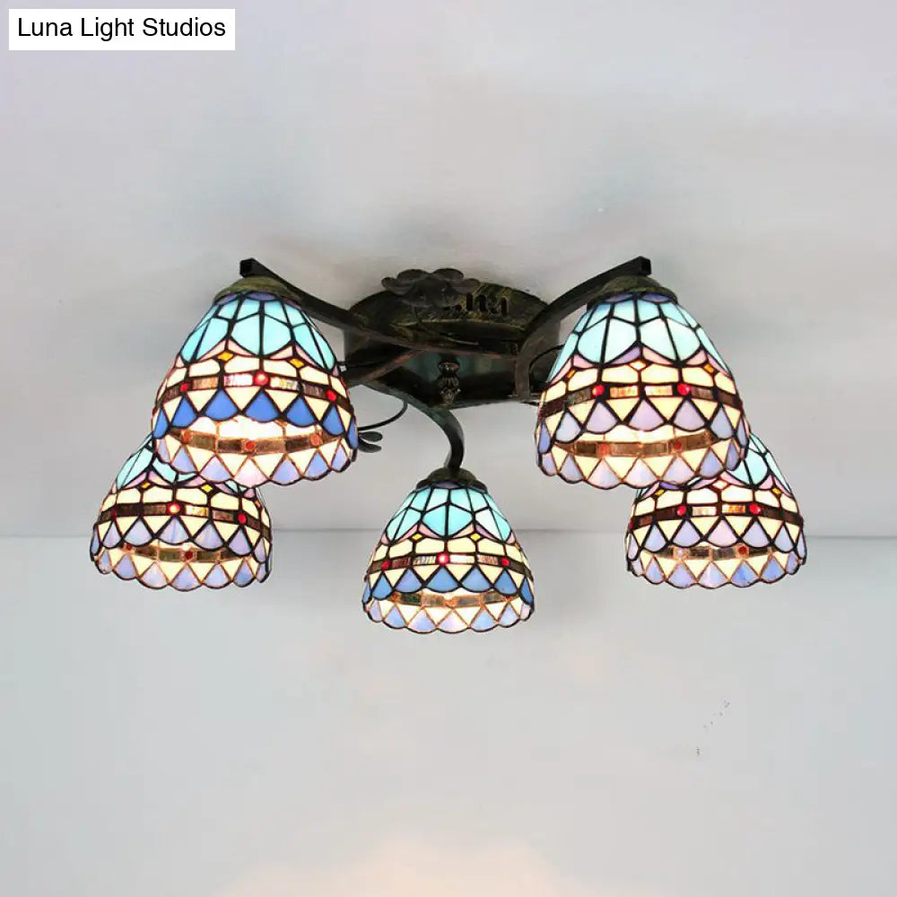 Baroque Semi Flush Stained Glass Bowl Ceiling Light - Blue | 5 - Light Dining Room Lighting