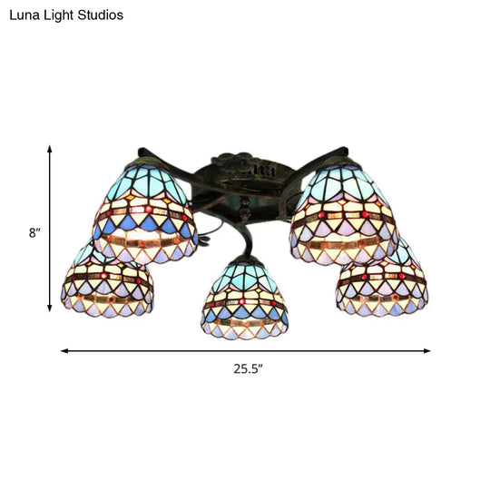 Baroque Semi Flush Stained Glass Bowl Ceiling Light - Blue | 5 - Light Dining Room Lighting