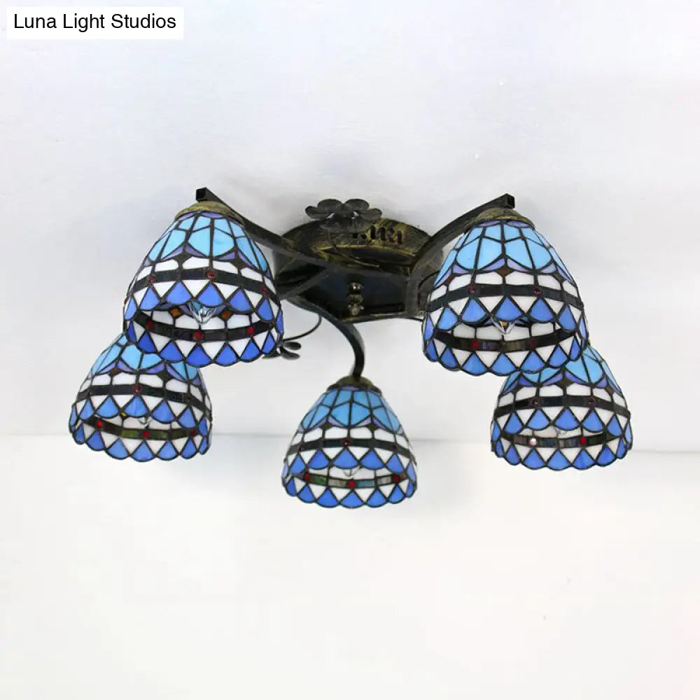 Baroque Semi Flush Stained Glass Bowl Ceiling Light - Blue | 5-Light Dining Room Lighting