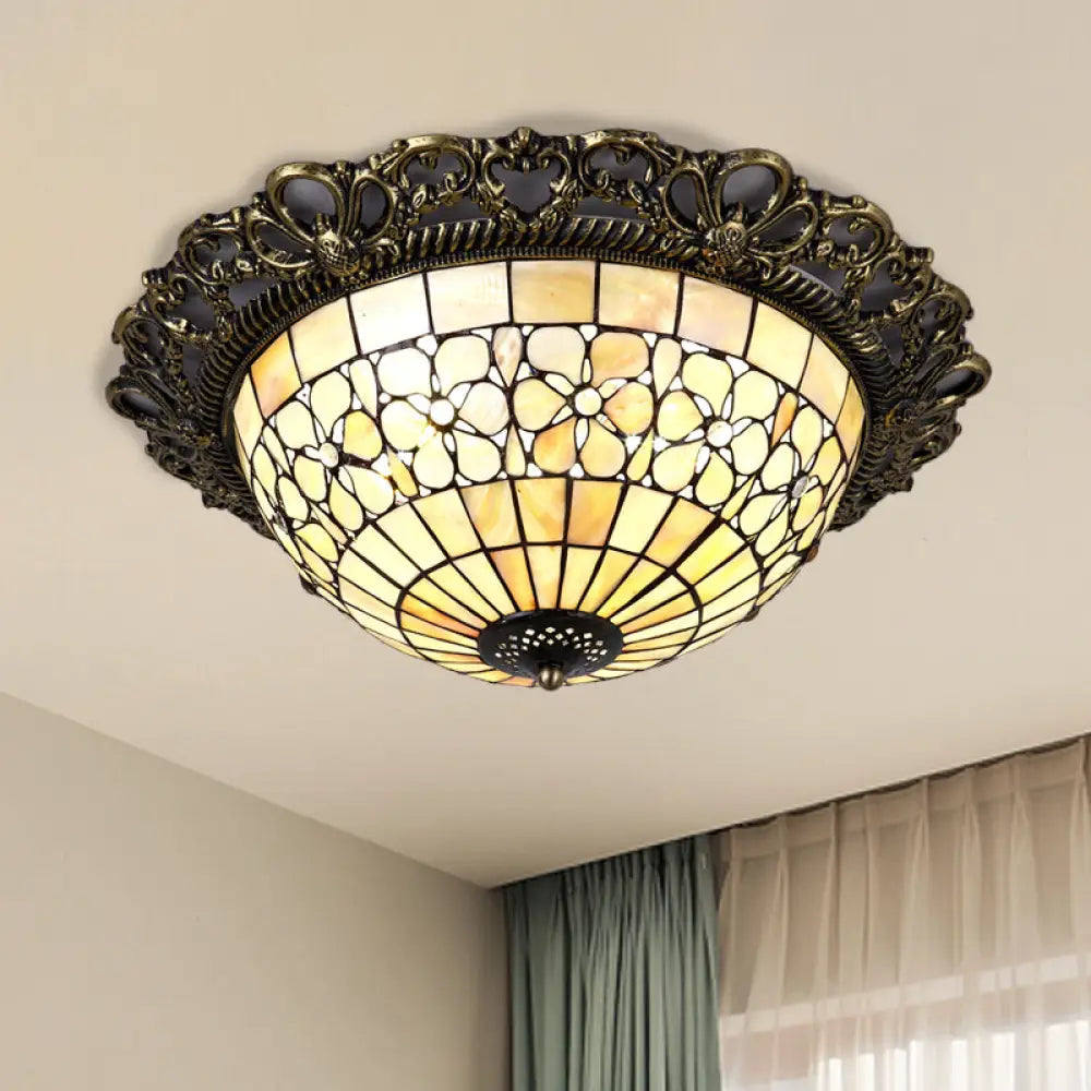 Baroque Shell Dome Brass Ceiling Lamp With Embossed Flower Trim - 3 - Light Flush Mount Fixture