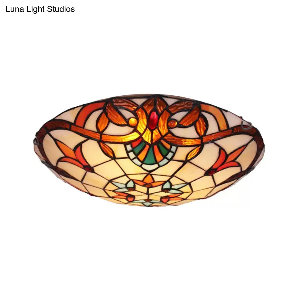 Baroque Stained Glass Ceiling Light With Jewel Decoration - Flush Mount Bowl Shade