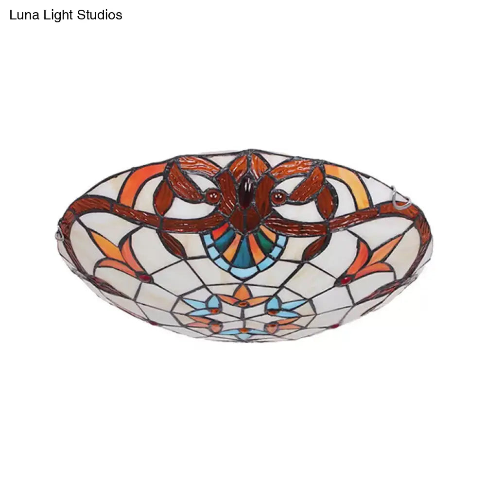 Baroque Stained Glass Ceiling Light With Jewel Decoration - Flush Mount Bowl Shade