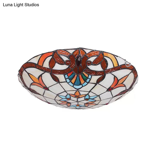 Baroque Stained Glass Ceiling Light With Jewel Decoration - Flush Mount Bowl Shade