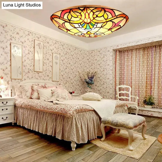 Baroque Stained Glass Ceiling Light With Jewel Decoration - Flush Mount Bowl Shade Beige / 12