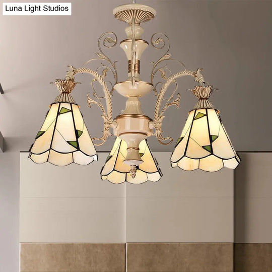 Baroque Stained Glass Chandelier With 3/5 Lights In White And Gold