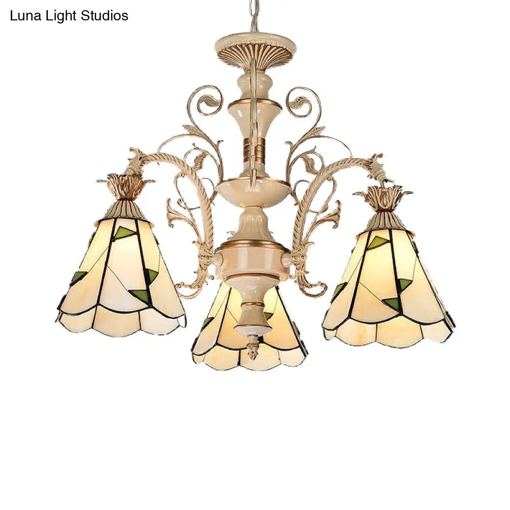 Baroque Stained Glass Chandelier With 3/5 Lights - White And Gold