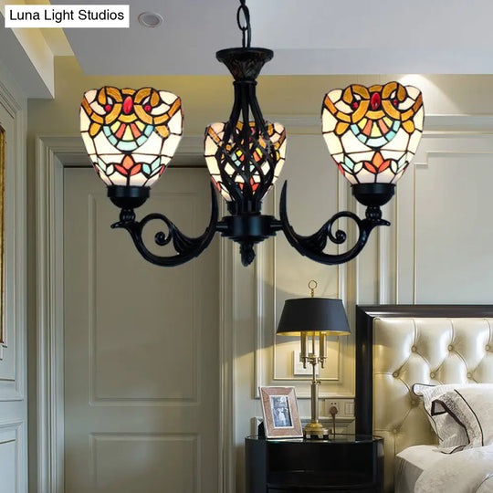 Stained Glass Baroque Chandelier Lighting: 3 Lights Black Ideal For Living Room