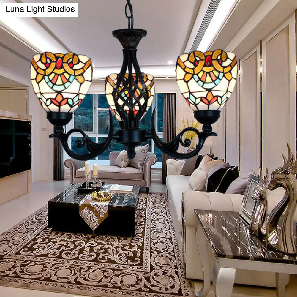 Stained Glass Baroque Chandelier Lighting: 3 Lights Black Ideal For Living Room