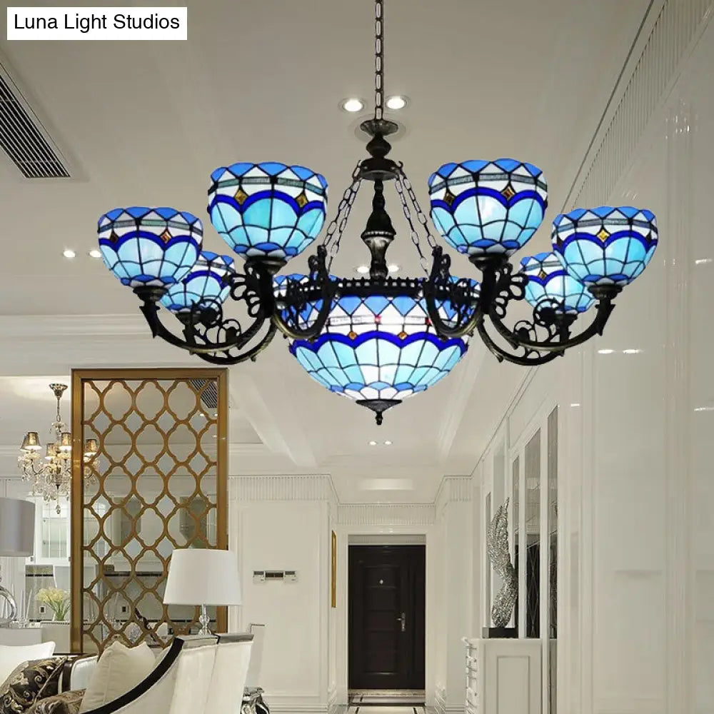 Baroque Stained Glass Chandelier - Dome Pendant Light With Jewel Decoration For Living Room Blue