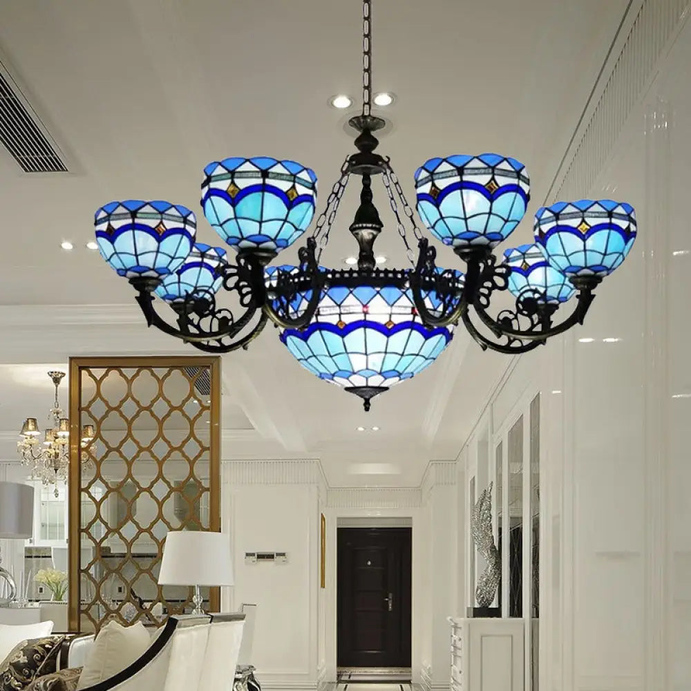 Baroque Stained Glass Chandelier With Jewel Decoration - Elegant Pendant Light Fixture For Living