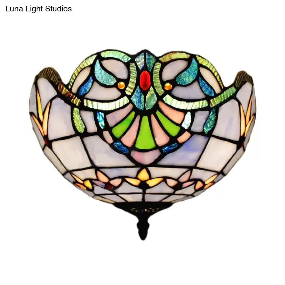 Baroque Stained Glass Flush Mount Ceiling Light Aged Brass Finish With Jeweled Décor Ideal For