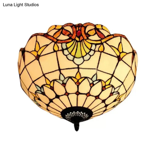 Baroque Stained Glass Ceiling Light - Elegant 2-Light Flush Mount In Aged Brass With Jewel