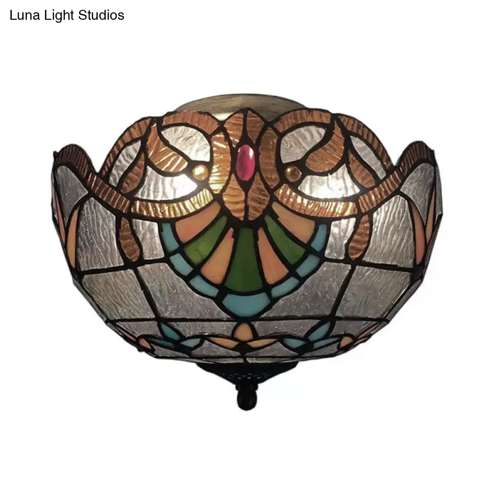 Baroque Stained Glass Ceiling Light - Elegant 2-Light Flush Mount In Aged Brass With Jewel