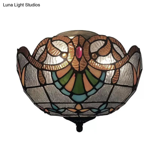 Baroque Stained Glass Ceiling Light - Elegant 2-Light Flush Mount In Aged Brass With Jewel