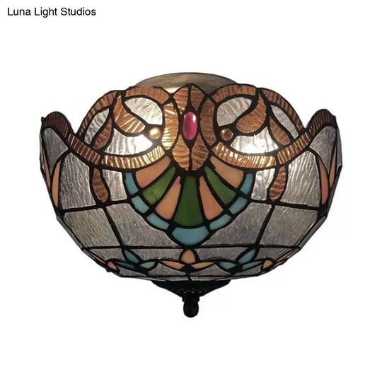 Baroque Stained Glass Flush Mount Ceiling Light Aged Brass Finish With Jeweled Décor Ideal For