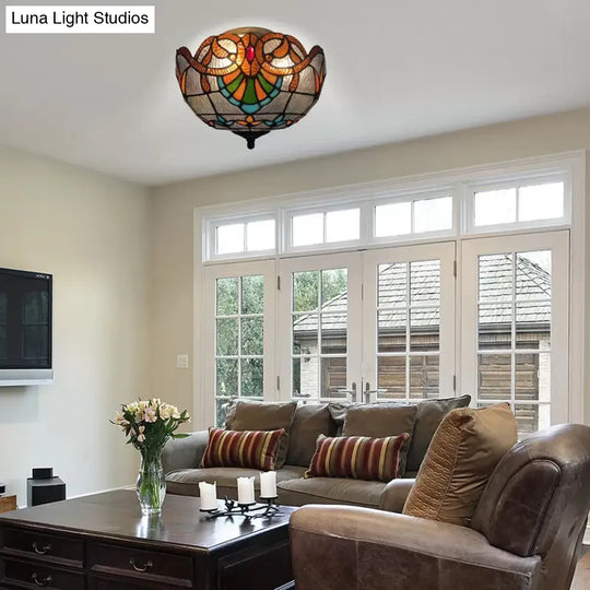 Baroque Stained Glass Ceiling Light - Elegant 2-Light Flush Mount In Aged Brass With Jewel