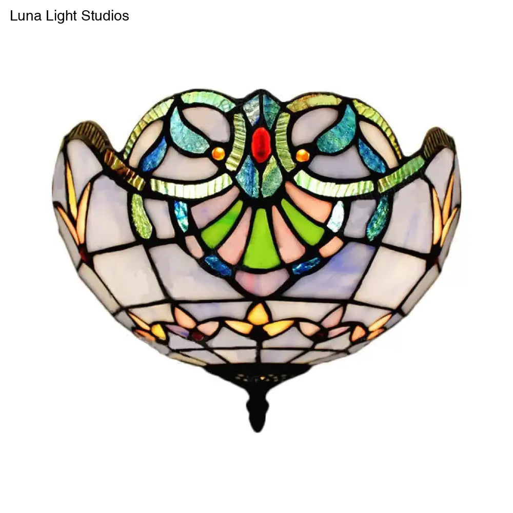 Baroque Stained Glass Ceiling Light - Elegant 2-Light Flush Mount In Aged Brass With Jewel