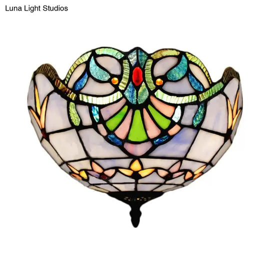 Baroque Stained Glass Ceiling Light - Elegant 2-Light Flush Mount In Aged Brass With Jewel