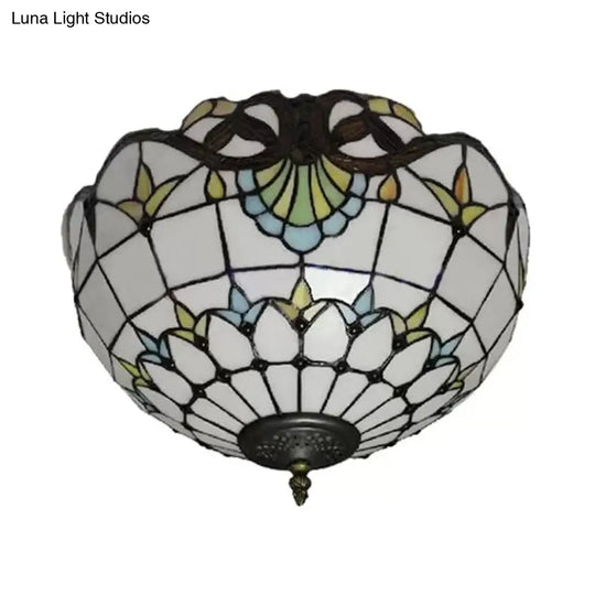 Baroque Stained Glass Flush Mount Ceiling Light Aged Brass Finish With Jeweled Décor Ideal For