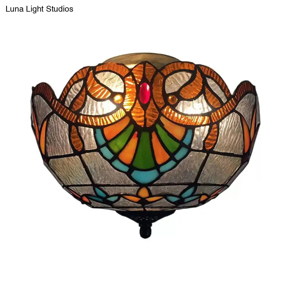 Baroque Stained Glass Ceiling Light - Elegant 2-Light Flush Mount In Aged Brass With Jewel