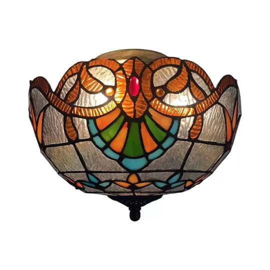 Baroque Stained Glass Flush Mount Ceiling Light Aged Brass Finish With Jeweled Décor Ideal For