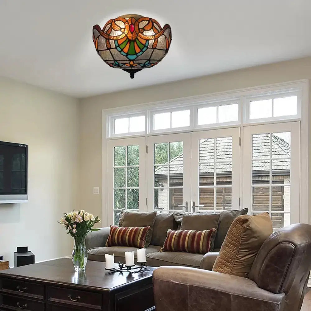 Baroque Stained Glass Flush Mount Ceiling Light Aged Brass Finish With Jeweled Décor Ideal For