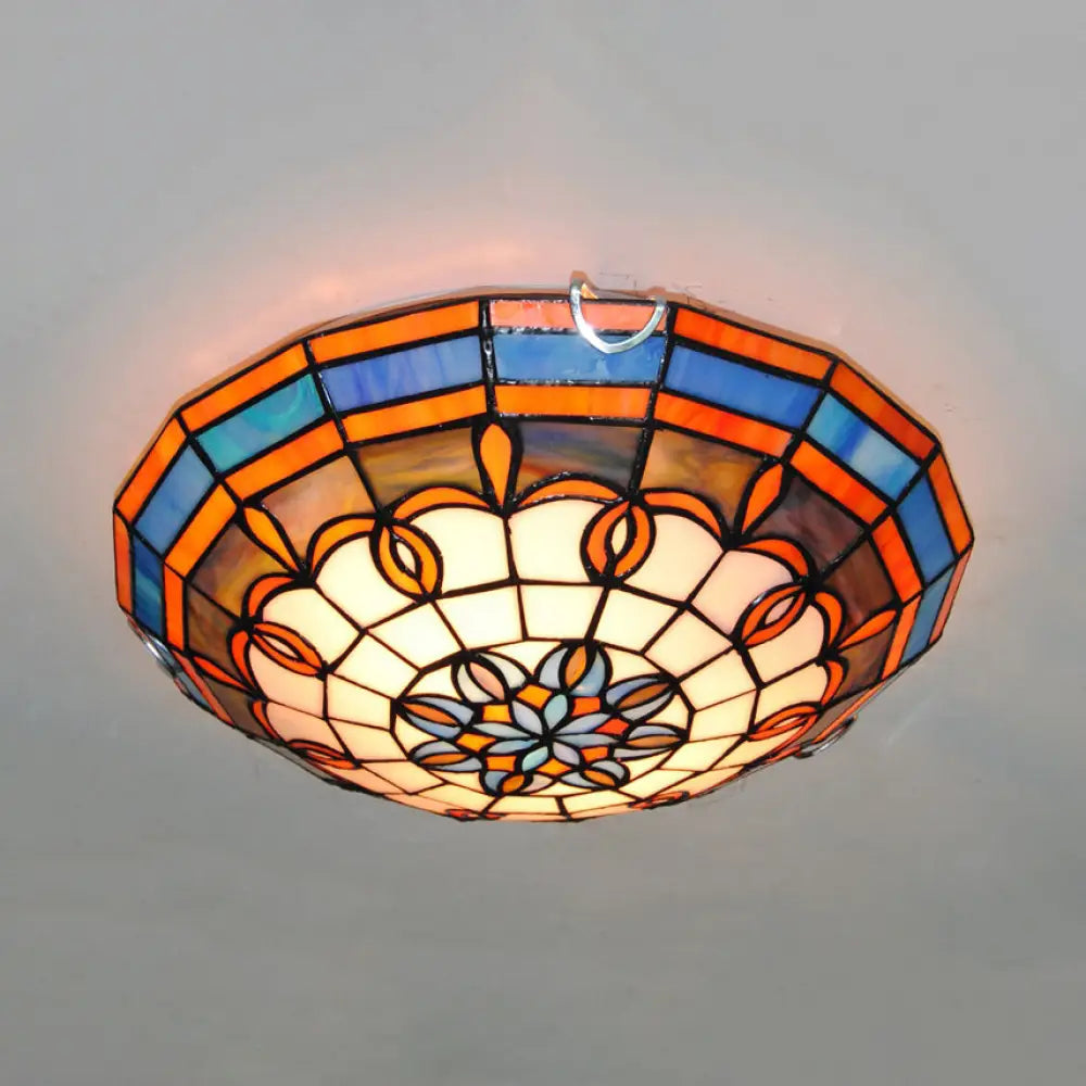 Baroque Stained Glass Flushmount Light: Blue/Yellow Bowl Ceiling Light For Living Room Blue