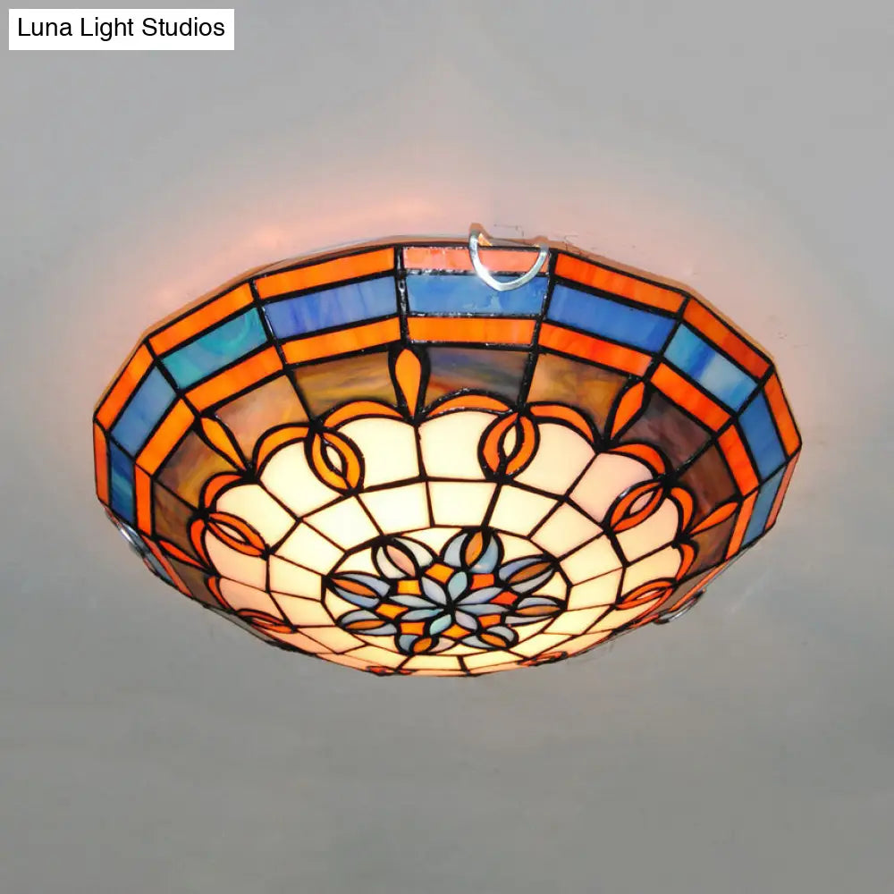 Baroque Stained Glass Flushmount Light: Blue/Yellow Bowl Ceiling Light For Living Room Blue