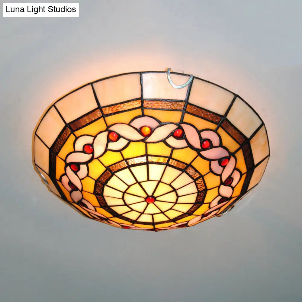 Baroque Stained Glass Flushmount Light: Blue/Yellow Bowl Ceiling Light For Living Room Yellow