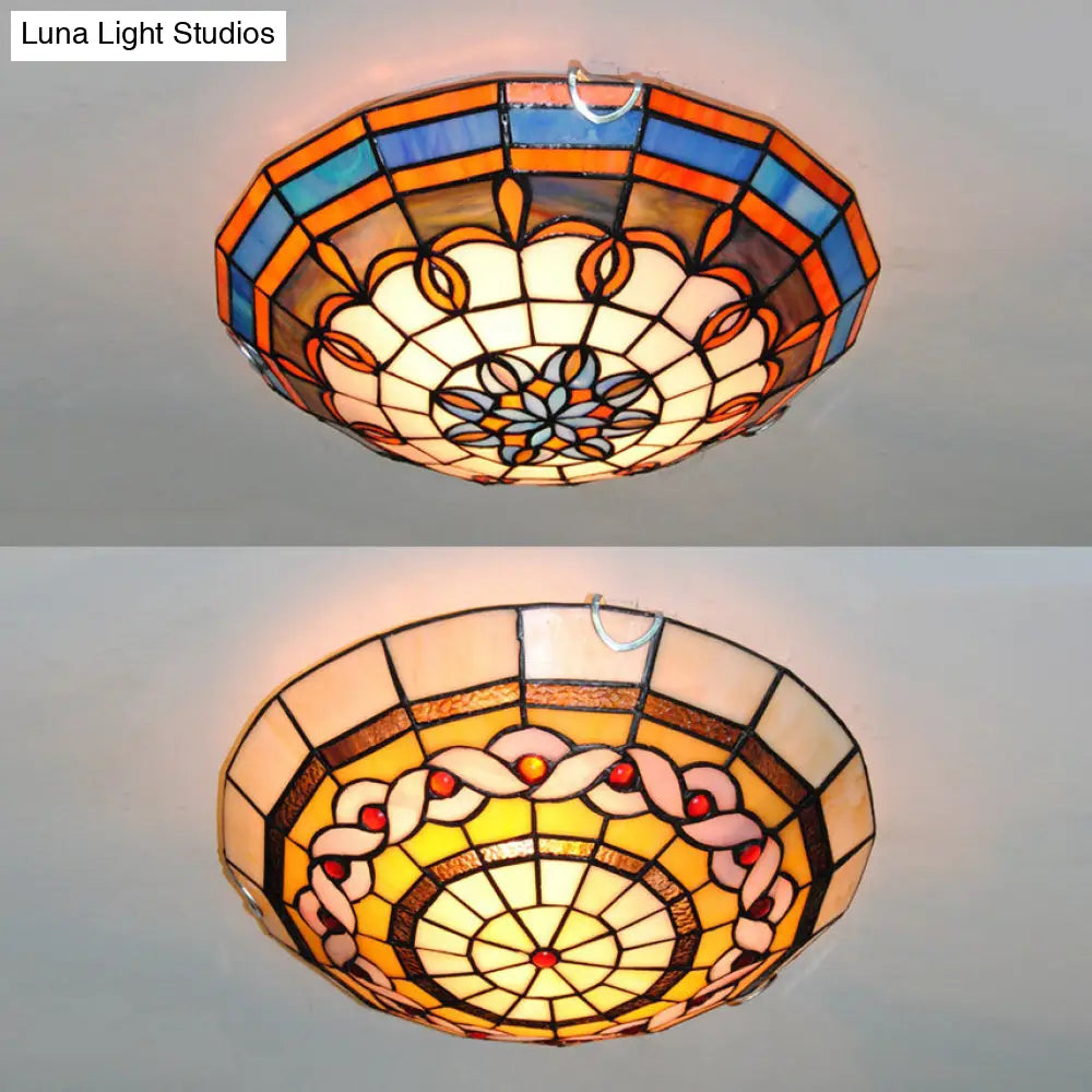 Baroque Stained Glass Flushmount Light: Blue/Yellow Bowl Ceiling Light For Living Room